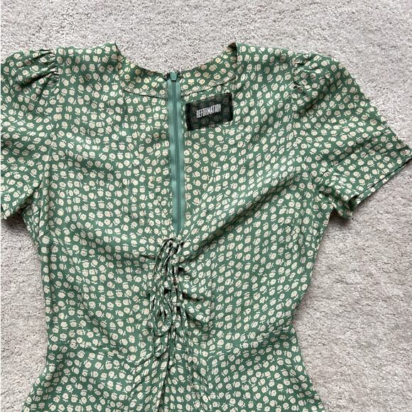 Reformation Green Floral Print V Neck Mini Dress - 6 - Picture 5 of 6